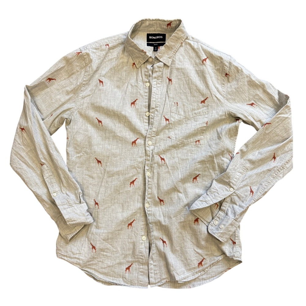 Bonobos Mens Slim Fit Giraffe Print Button Down Shirt Gray Cotton Medium M